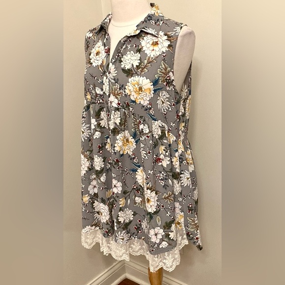 Umgee Grey White Floral Boho Lace Sleeveless Button Down Collared Mini Dress L - Picture 5 of 9